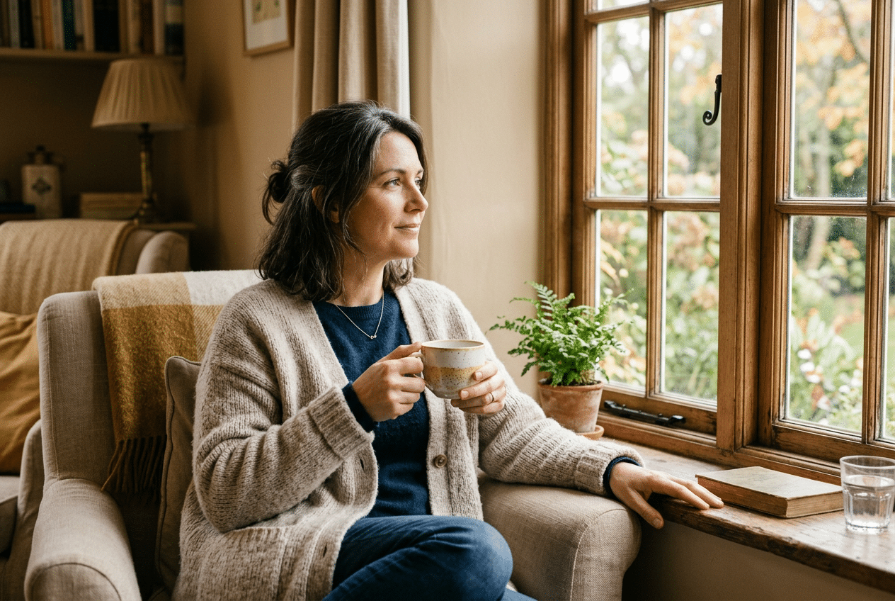 Femme songeuse près d'une fenêtre, une tasse à la main, illustrant la difficulté à parler de ses fuites urinaires.