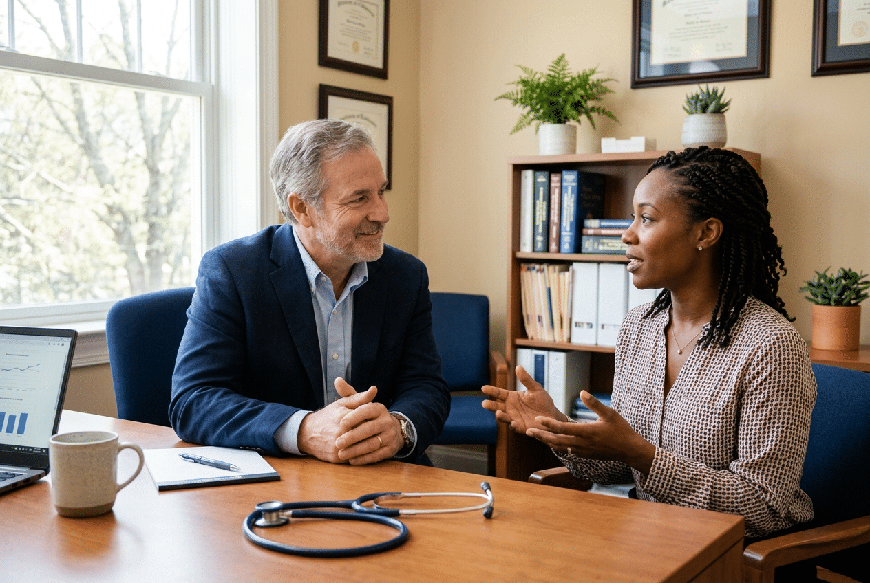 Médecin généraliste à l'écoute d'une patiente lors d'une consultation sur l'incontinence urinaire.