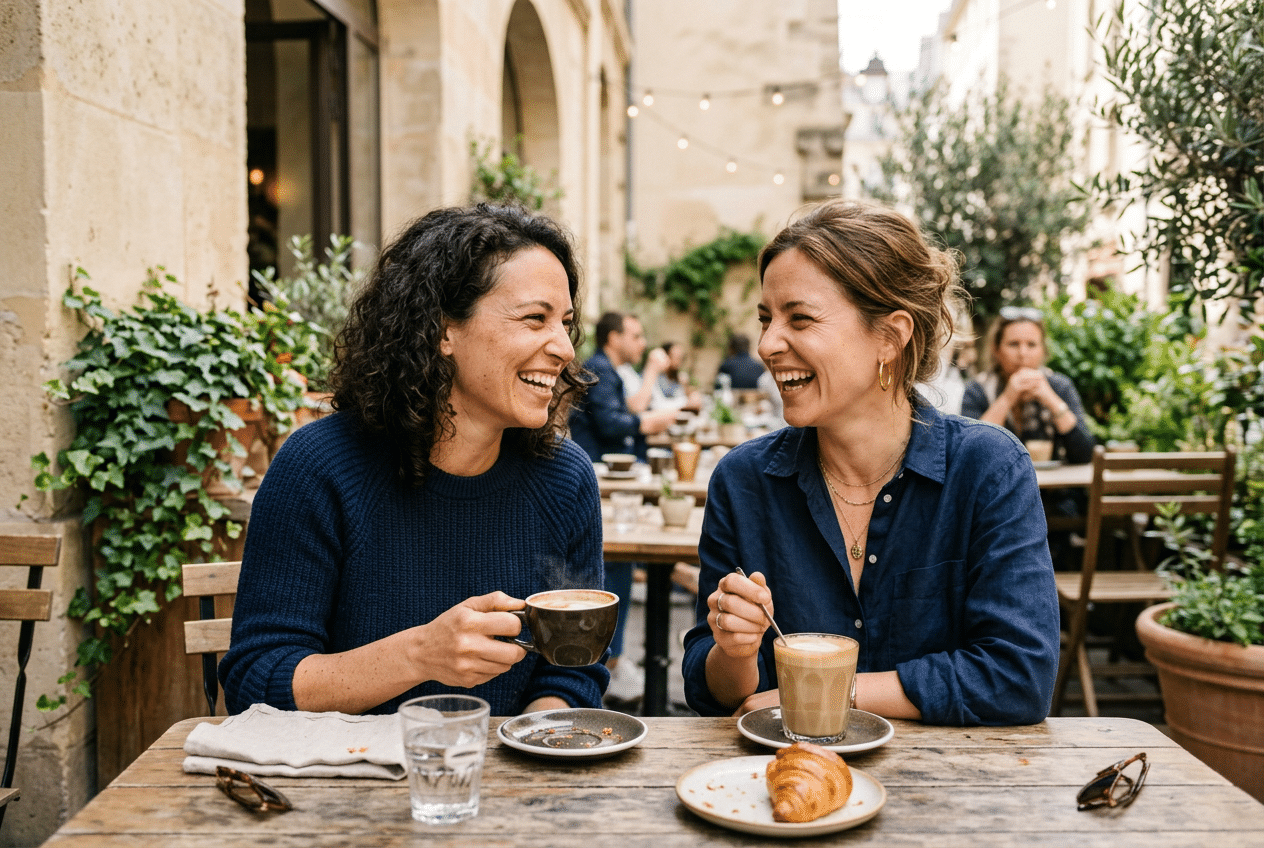 Deux amies riant ensemble autour d'un café, moment de complicité et de légèreté