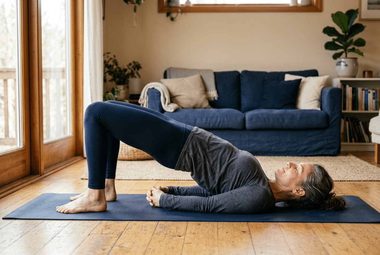 Femme réalisant une posture de pont au sol près d'une fenêtre pour renforcer son périnée