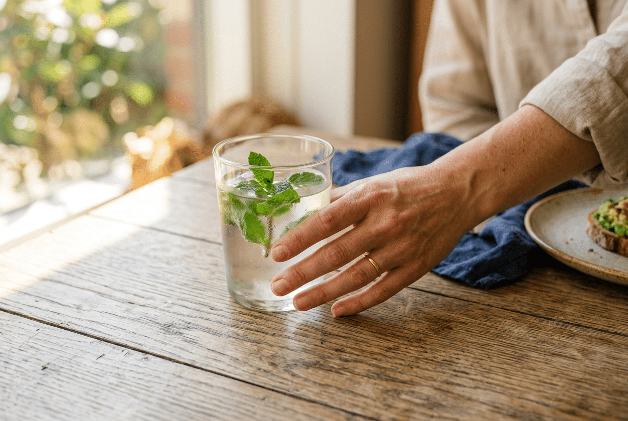 Main d'une femme saisissant un verre d'eau fraîche à la menthe sur une table ensoleillée