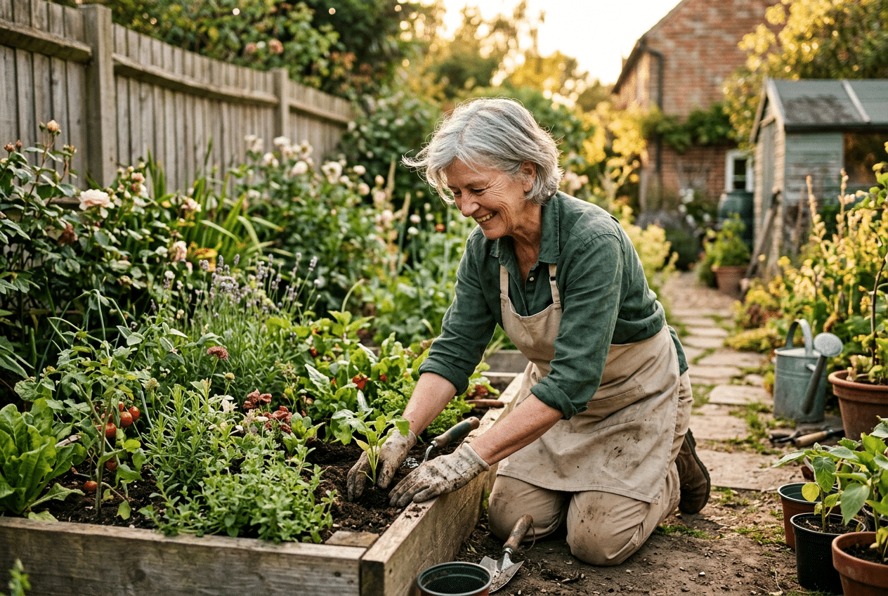 Femme d'une soixantaine d'années jardinant sereinement dans son jardin