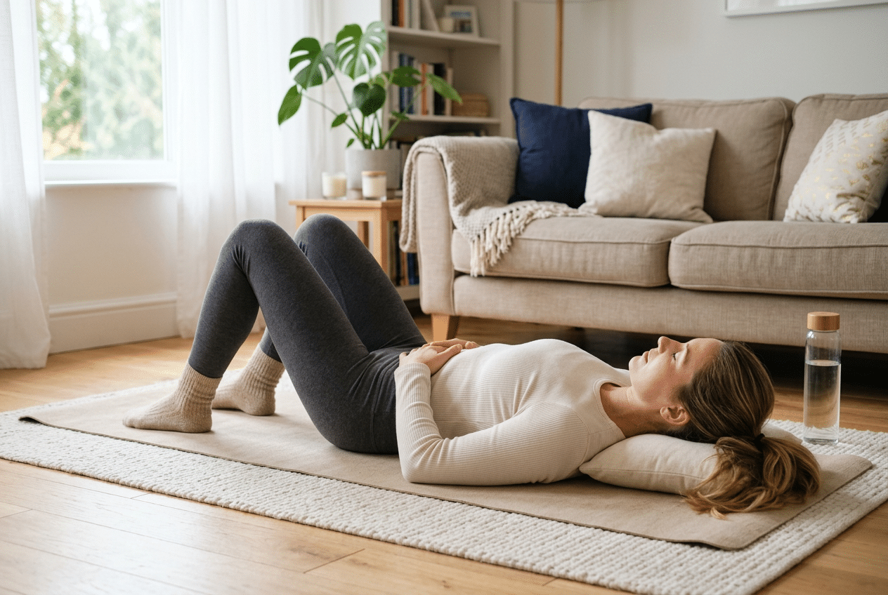 Femme allongée sur un tapis, genoux pliés, réalisant un exercice de respiration pour le périnée