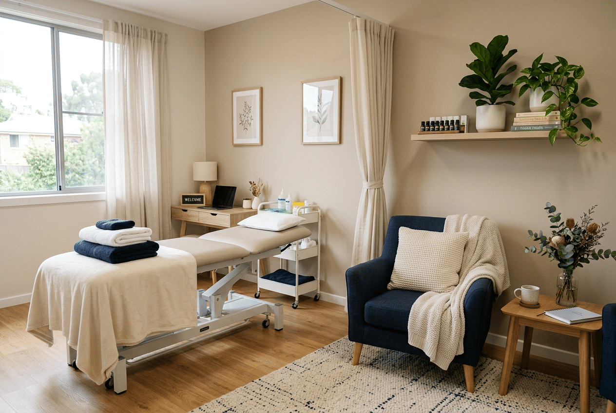 Cabinet de sage-femme avec table d'examen et fauteuil, ambiance calme pour une rééducation du périnée