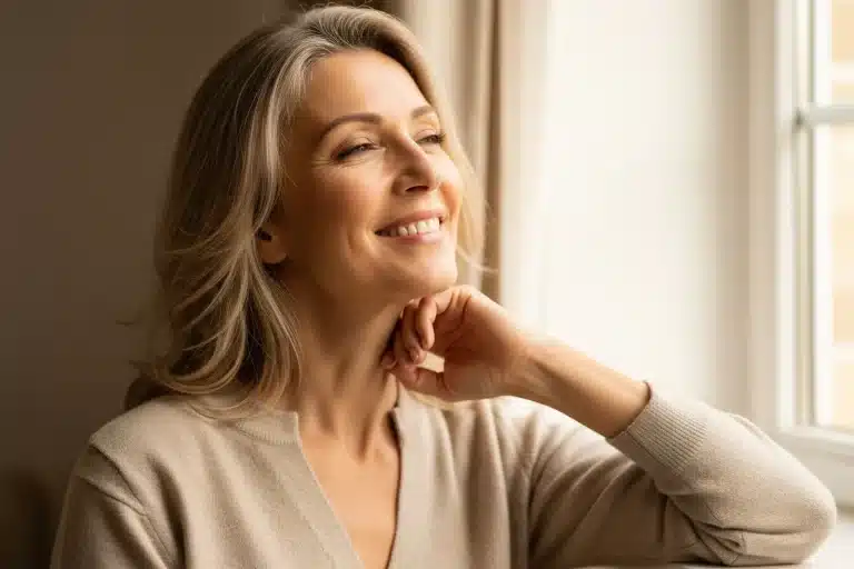 Causes de l'incontinence urinaire chez la femme : femme souriante et apaisée près d'une fenêtre dans une lumière douce