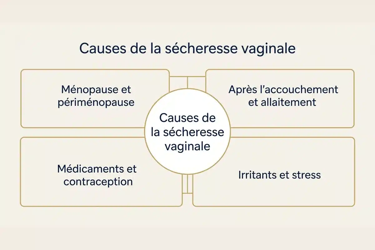 Les principales causes de la sécheresse vaginale Schéma présentant les quatre grandes causes de la sécheresse vaginale