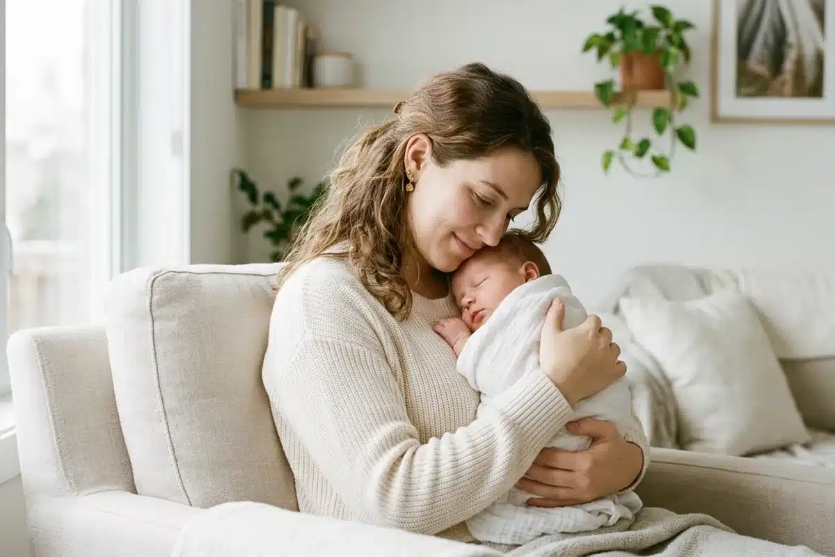 Chute de cheveux apres l'accouchement Jeune mere serrant son nouveau-ne contre elle, periode du post-partum souvent marquee par une chute de cheveux