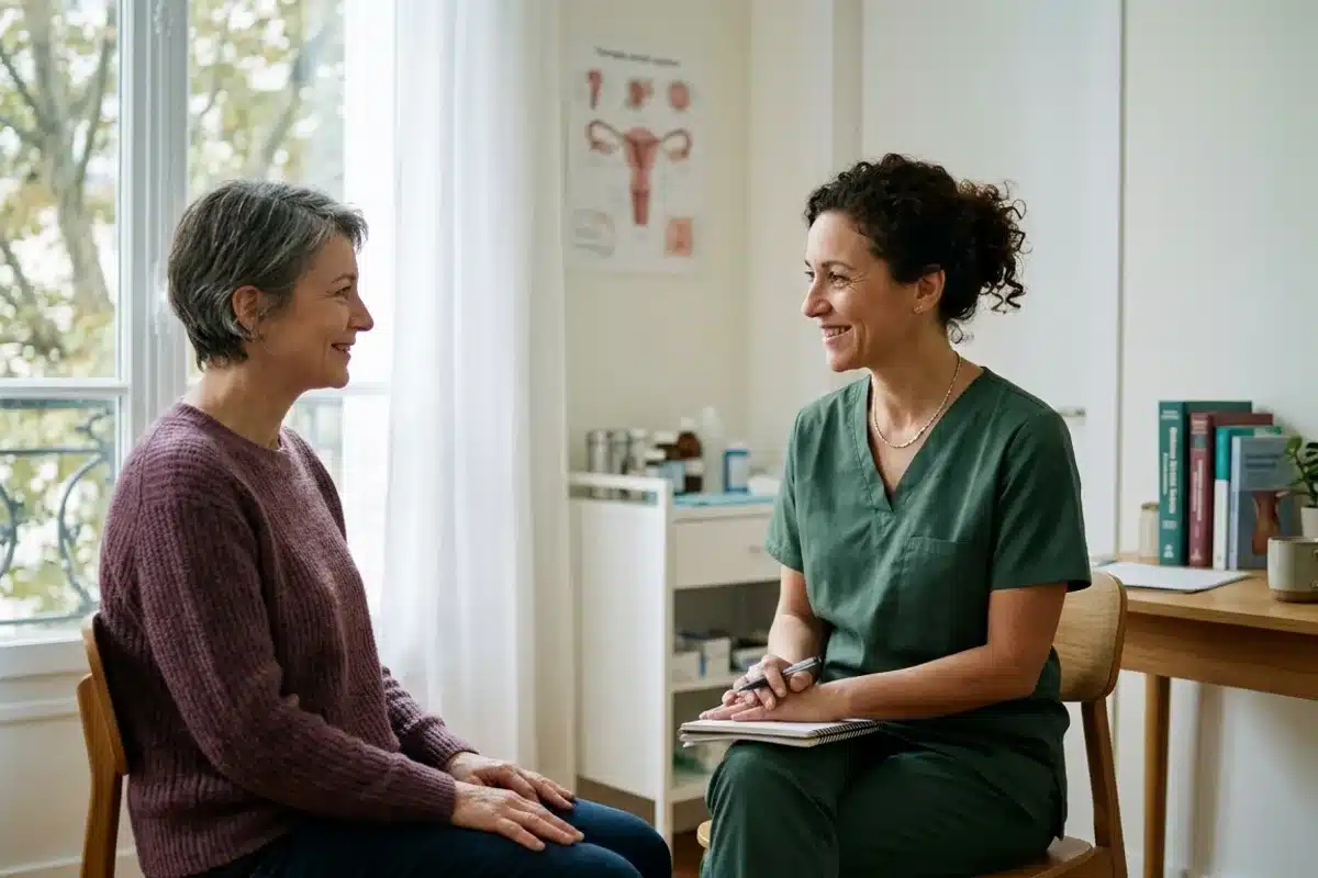 Parler de sa sécheresse intime à un professionnel de santé Femme échangeant avec une gynécologue lors d'une consultation en cabinet