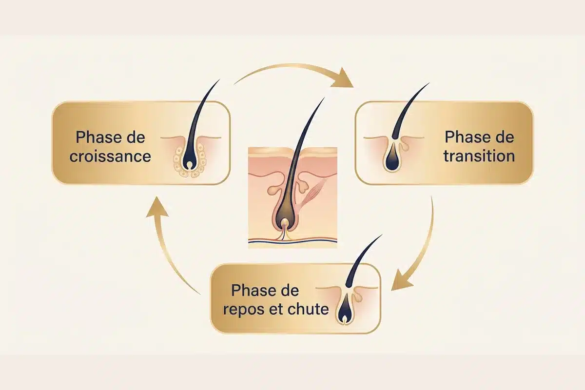 Le cycle de vie du cheveu en trois phases Schema des trois phases du cycle du cheveu, croissance, transition, repos et chute, autour d'un follicule