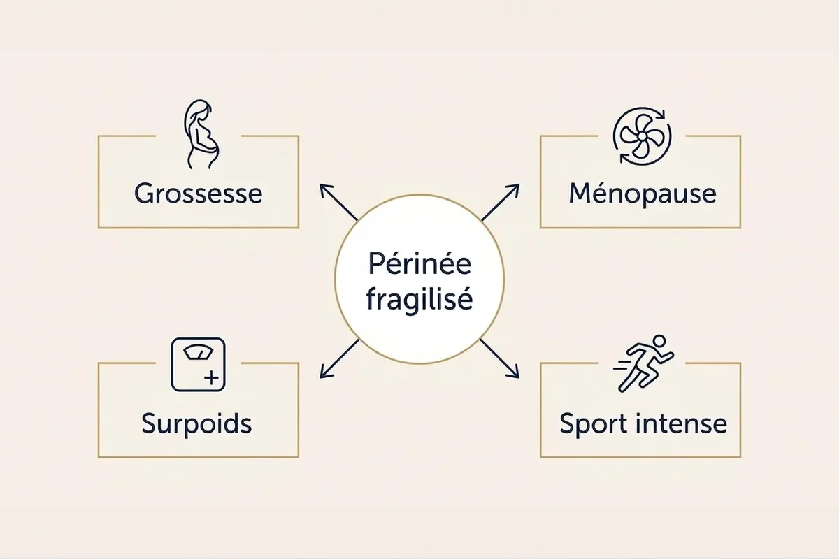 Facteurs de risque de l'incontinence urinaire Schéma reliant le périnée fragilisé à la grossesse, la ménopause, le surpoids et le sport intense