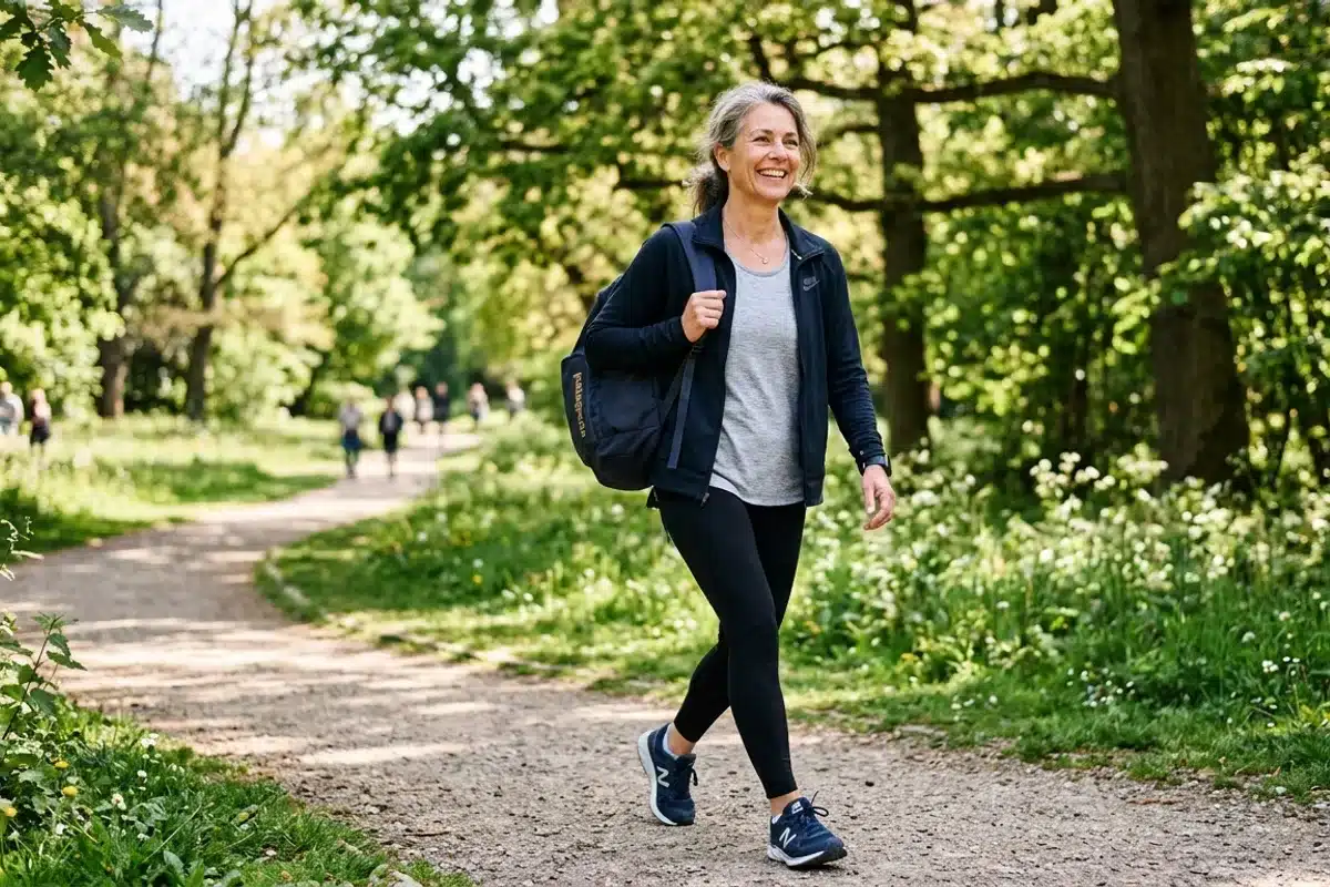 Rester active au quotidien Femme active souriante marchant en plein air dans un parc, confiance et liberte