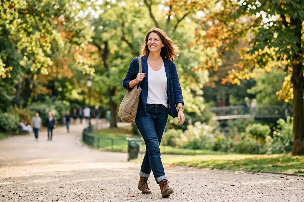 Femme active marchant dans un parc Femme souriante qui marche en extérieur dans un parc verdoyant