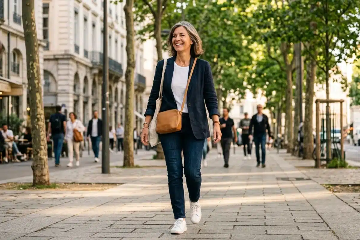 Femme active marchant en ville Femme d âge mûr souriante marchant d un pas dynamique dans une rue arborée