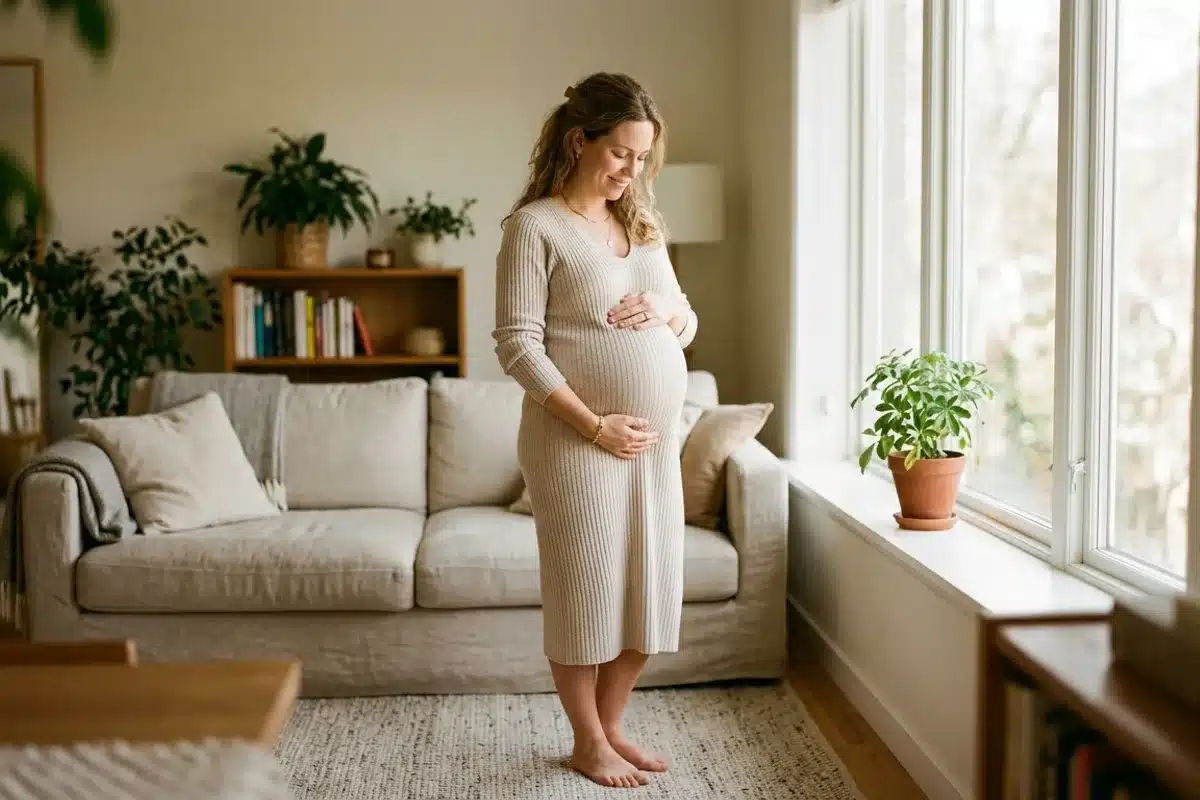 Grossesse et périnée Femme enceinte debout dans un salon lumineux, les deux mains posées sur son ventre arrondi