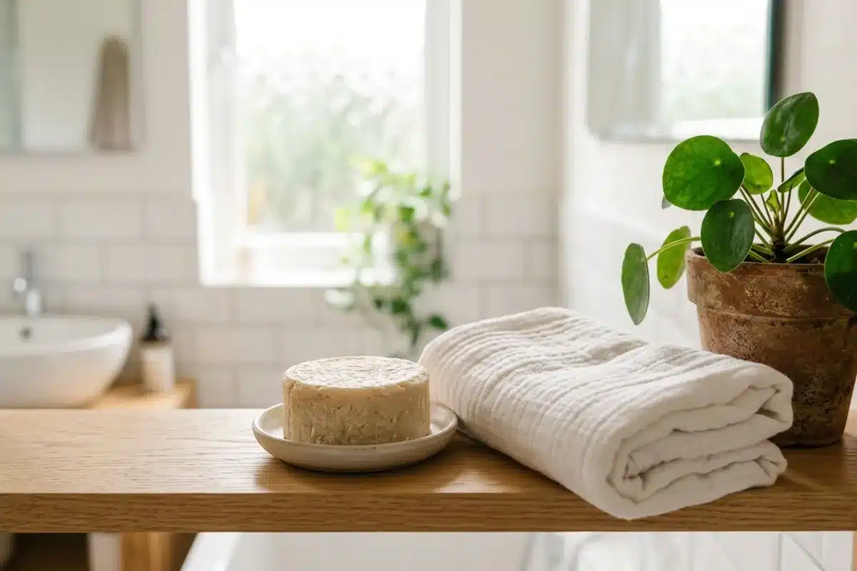 Hygiène intime au quotidien Savon doux, serviette en coton et plante verte sur une étagère de salle de bain claire