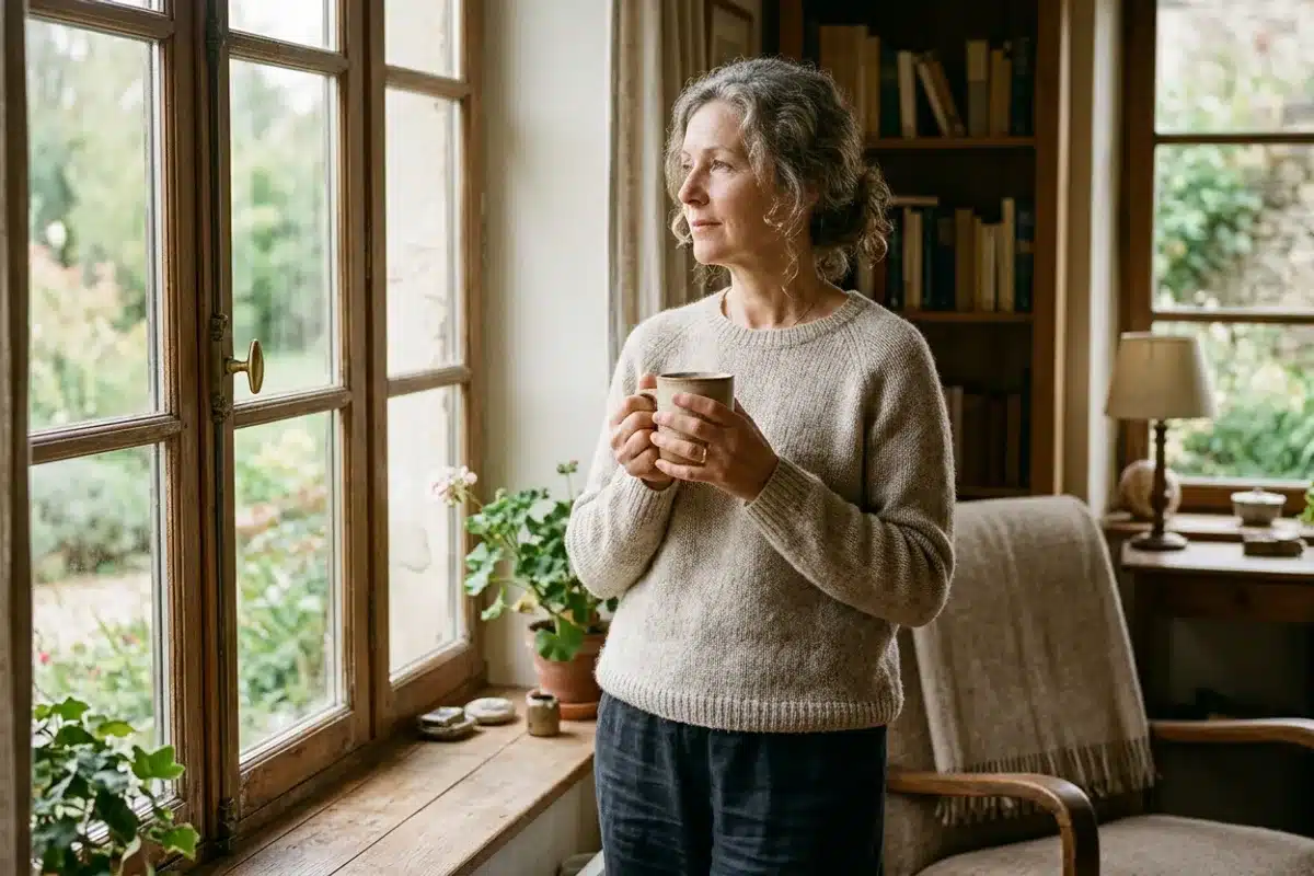 Femme d âge mûr paisible avec une tasse de thé Femme d âge mûr tenant une tasse de thé près d une fenêtre, moment calme