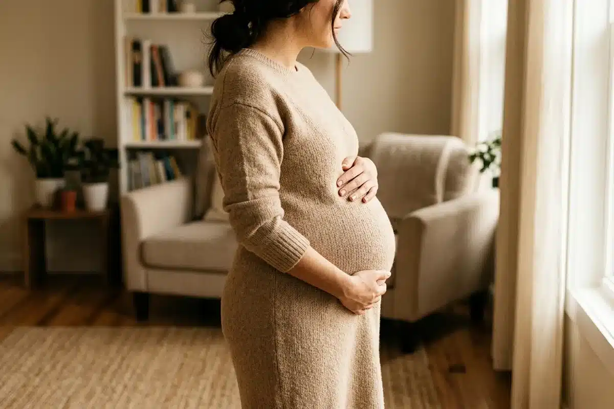 Périnée et grossesse Femme enceinte de profil illustrant la sollicitation du périnée pendant la grossesse