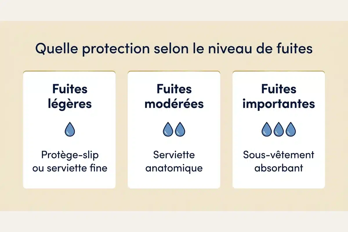 Quelle protection selon le niveau de fuites Infographie: protege-slip pour fuites legeres, serviette anatomique pour moderees, sous-vetement absorbant pour importantes