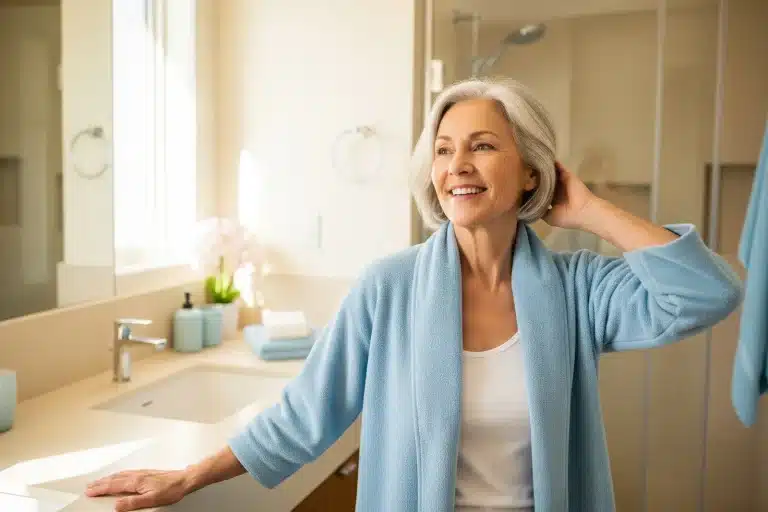Protection urinaire, femme d'âge mûr souriante et détendue dans une salle de bain lumineuse