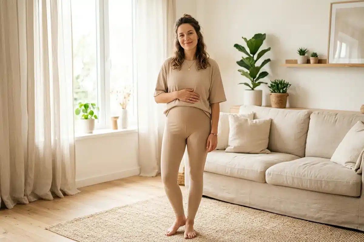 Récupération du corps après l'accouchement Jeune femme en tenue souple, une main sur le ventre, debout dans un salon clair, illustrant la récupération post-partum