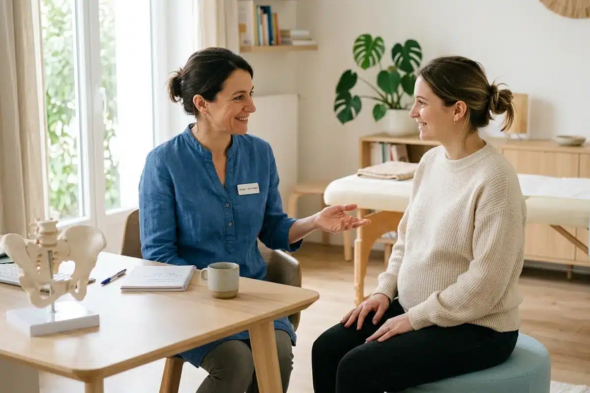 Séance de rééducation périnéale avec une sage-femme Sage-femme échangeant avec une jeune femme lors d'une consultation de rééducation périnéale, bassin anatomique sur le bureau