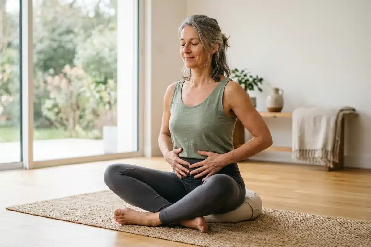 Exercice doux du périnée sur un tapis Femme assise sur un tapis pratiquant un exercice de respiration et de plancher pelvien