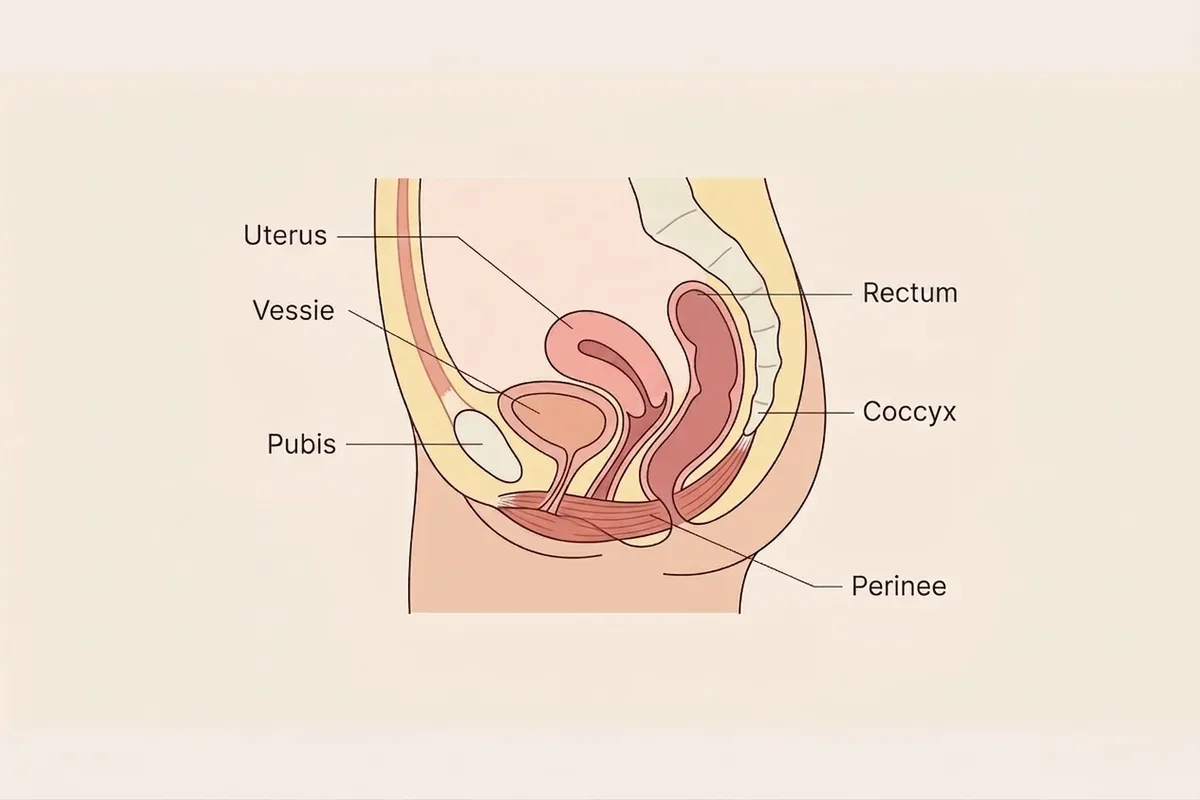 Schéma du périnée et du plancher pelvien Schéma anatomique du périnée féminin soutenant la vessie, l'utérus et le rectum