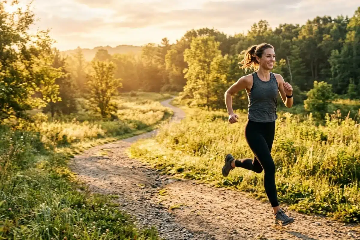 Sport et fuites urinaires Femme en tenue de sport courant en extérieur sur un chemin au lever du soleil