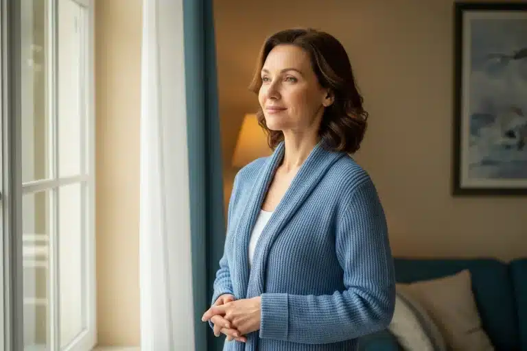 Femme sereine près d'une fenêtre, évoquant les types d'incontinence urinaire chez la femme