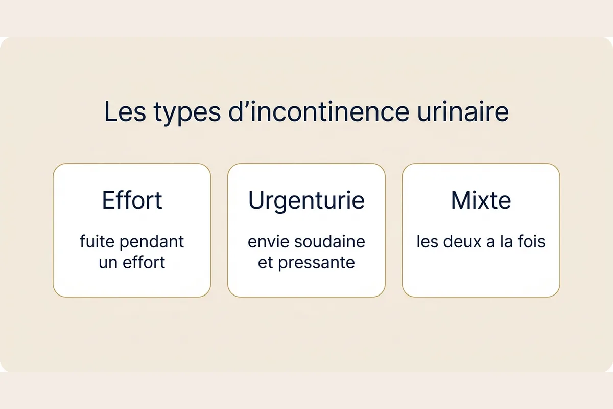 Schéma des types d'incontinence urinaire Schéma comparant trois types d'incontinence urinaire : effort, urgenturie et mixte