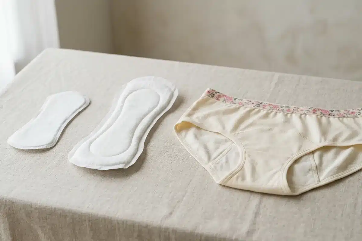 Types de protections urinaires féminines Protège-slip, serviette absorbante et culotte absorbante posés côte à côte sur du lin clair