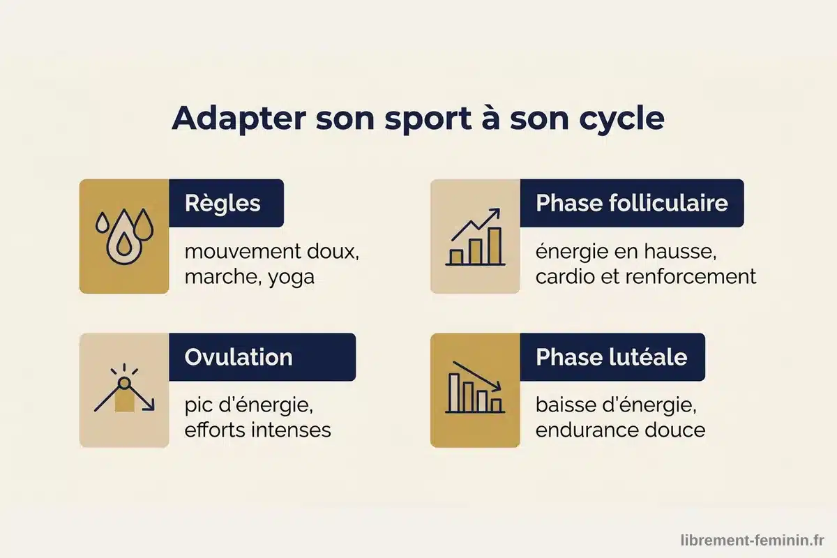 Adapter son sport à son cycle menstruel Infographie montrant comment adapter son sport aux quatre phases du cycle menstruel