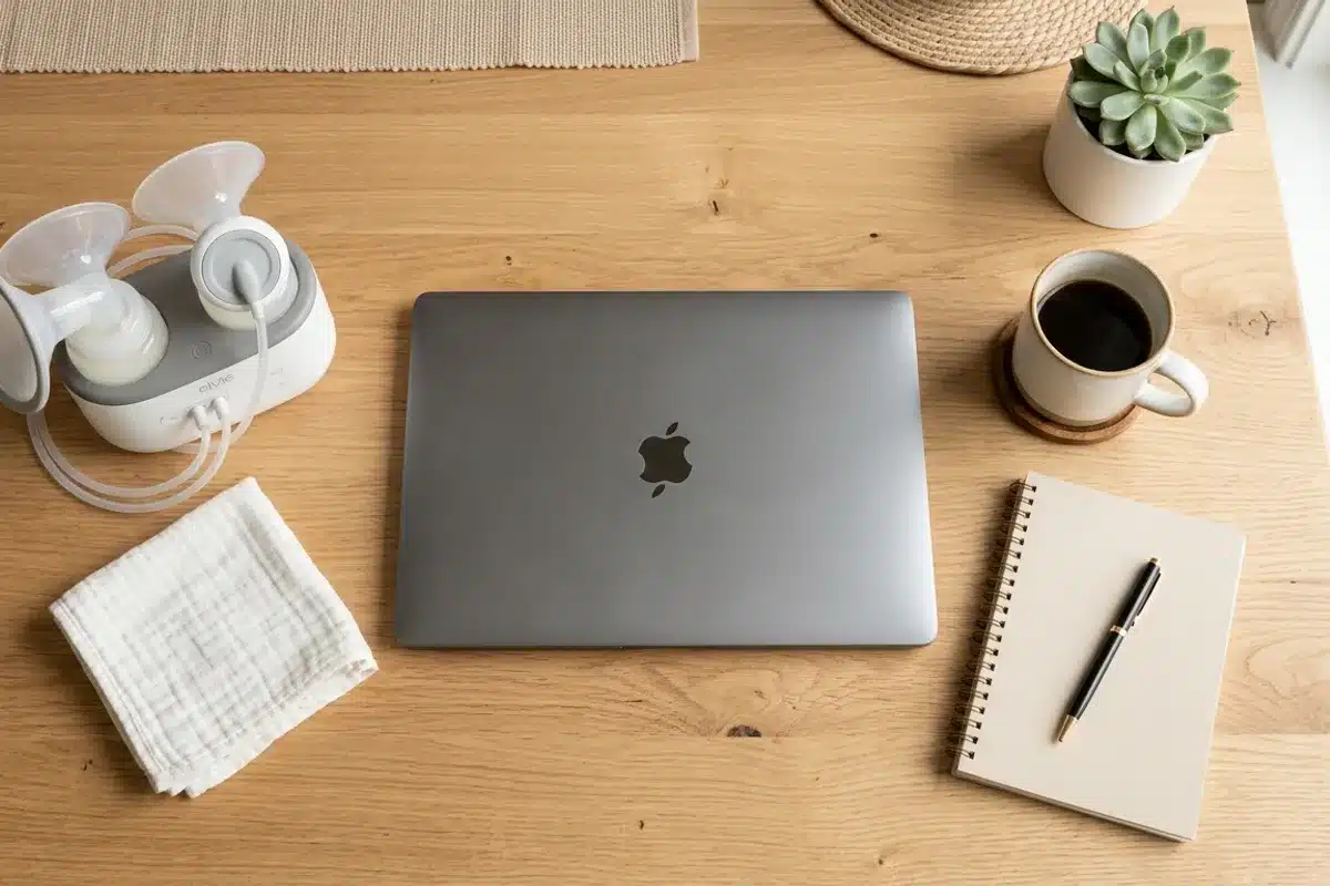 Espace bureau pour allaitement maternel Bureau en bois avec tire-lait et musselline posés près d'un ordinateur portable fermé, vue de dessus, pour illustrer l'allaitement au travail