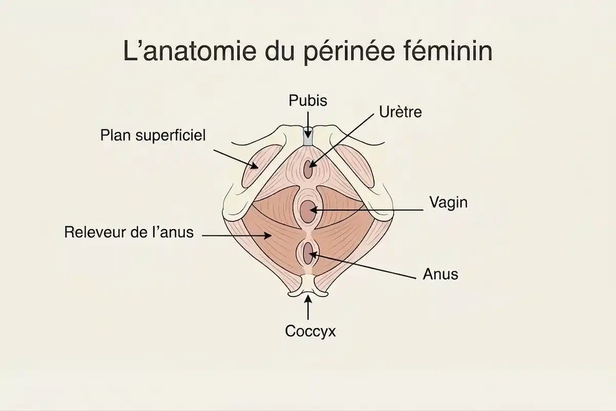Schéma anatomique du plancher pelvien féminin Schéma simplifié du périnée féminin montrant le plan superficiel et le releveur de l'anus avec les trois orifices