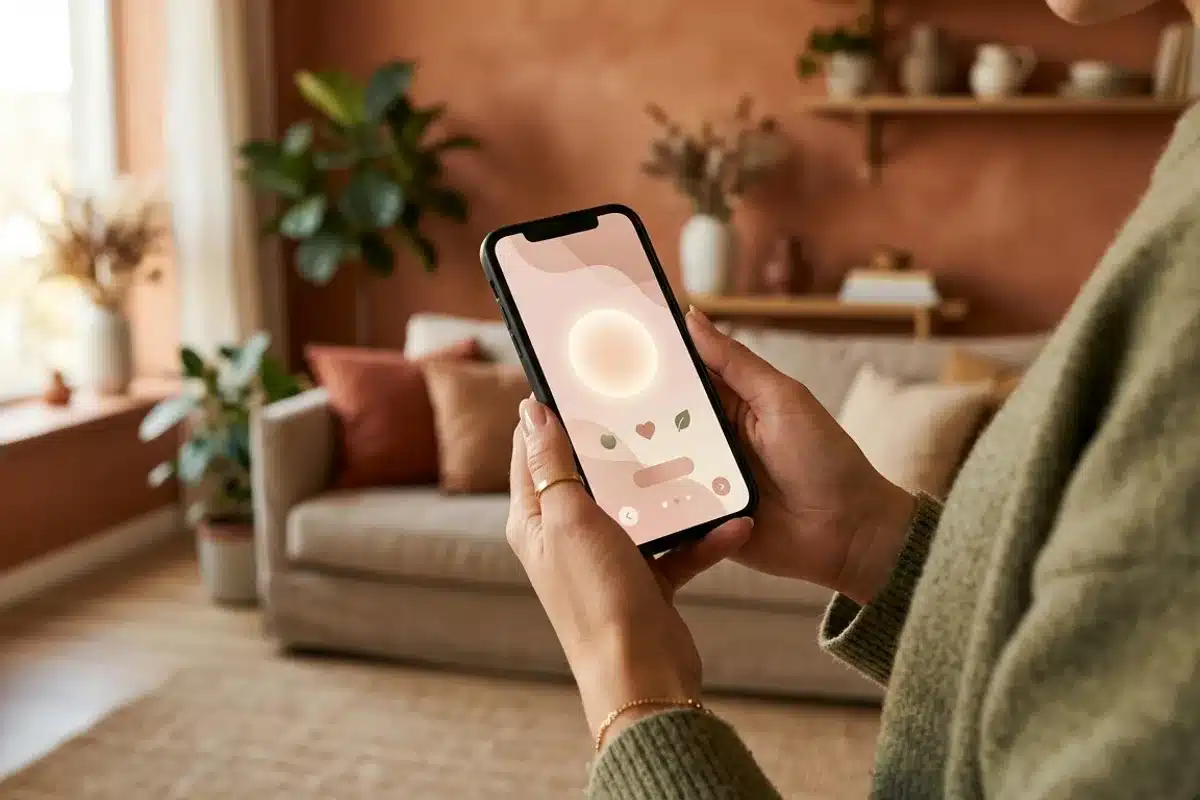 Application santé sexuelle féminine sur smartphone Mains féminines tenant un smartphone avec une interface d'app bien-être intime, fond chaleureux