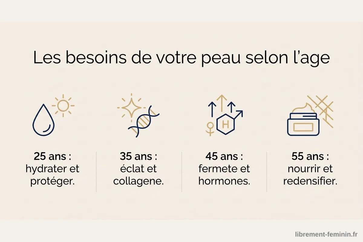 Les besoins de la peau selon l'âge Infographie des besoins de la peau du visage à 25, 35, 45 et 55 ans