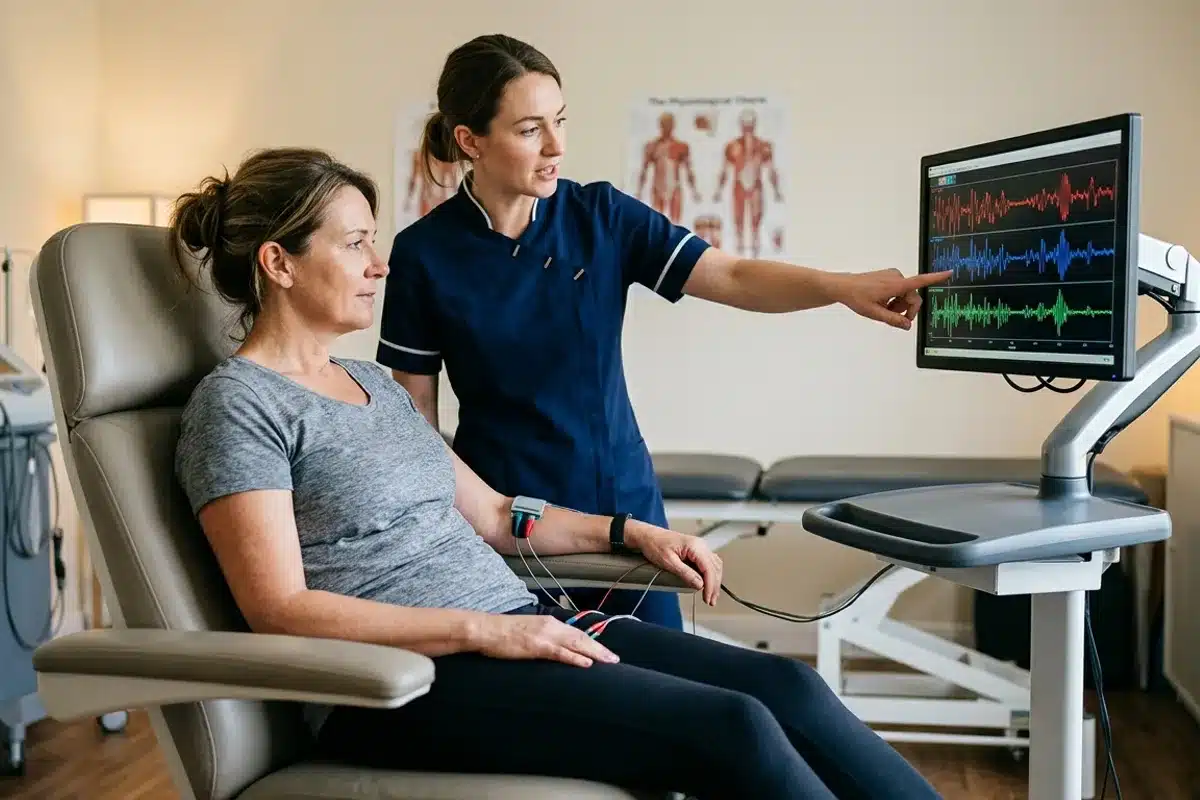 Séance de biofeedback périnéal : visualisation des contractions musculaires Patiente en séance de biofeedback périnéal, avec courbes de contractions musculaires affichées sur écran par la kinésithérapeute