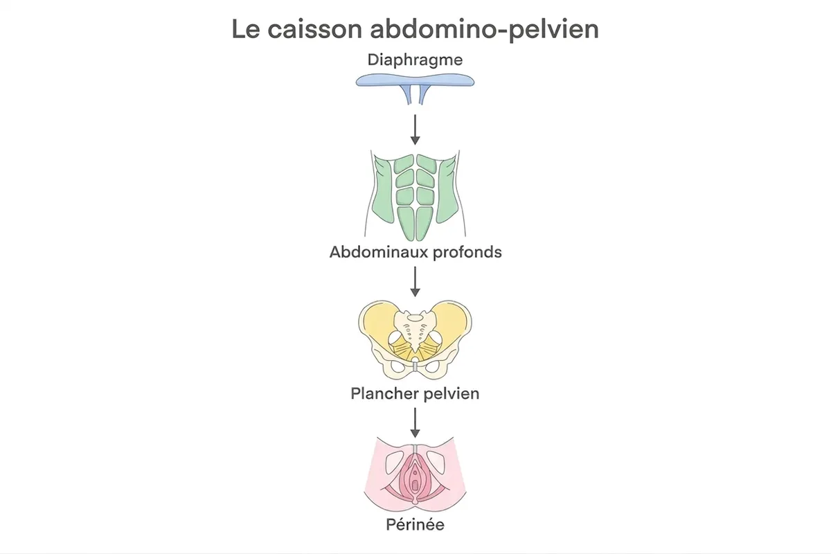 Schéma anatomique du plancher pelvien et du périnée Schéma anatomique illustrant les 4 structures musculaires : diaphragme, abdominaux profonds, plancher pelvien et périnée