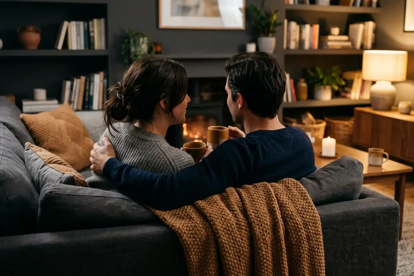 Couple complice dans un salon cosy Couple assis côte à côte sur un canapé gris, lumière tamisée caramel, illustrant l'intimité et la communication en couple