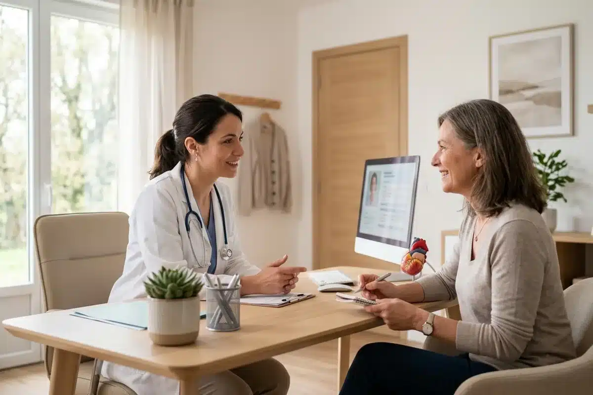 Consultation périnéale avec une sage-femme ou kinésithérapeute Consultation entre une professionnelle de santé et une patiente dans un cabinet médical