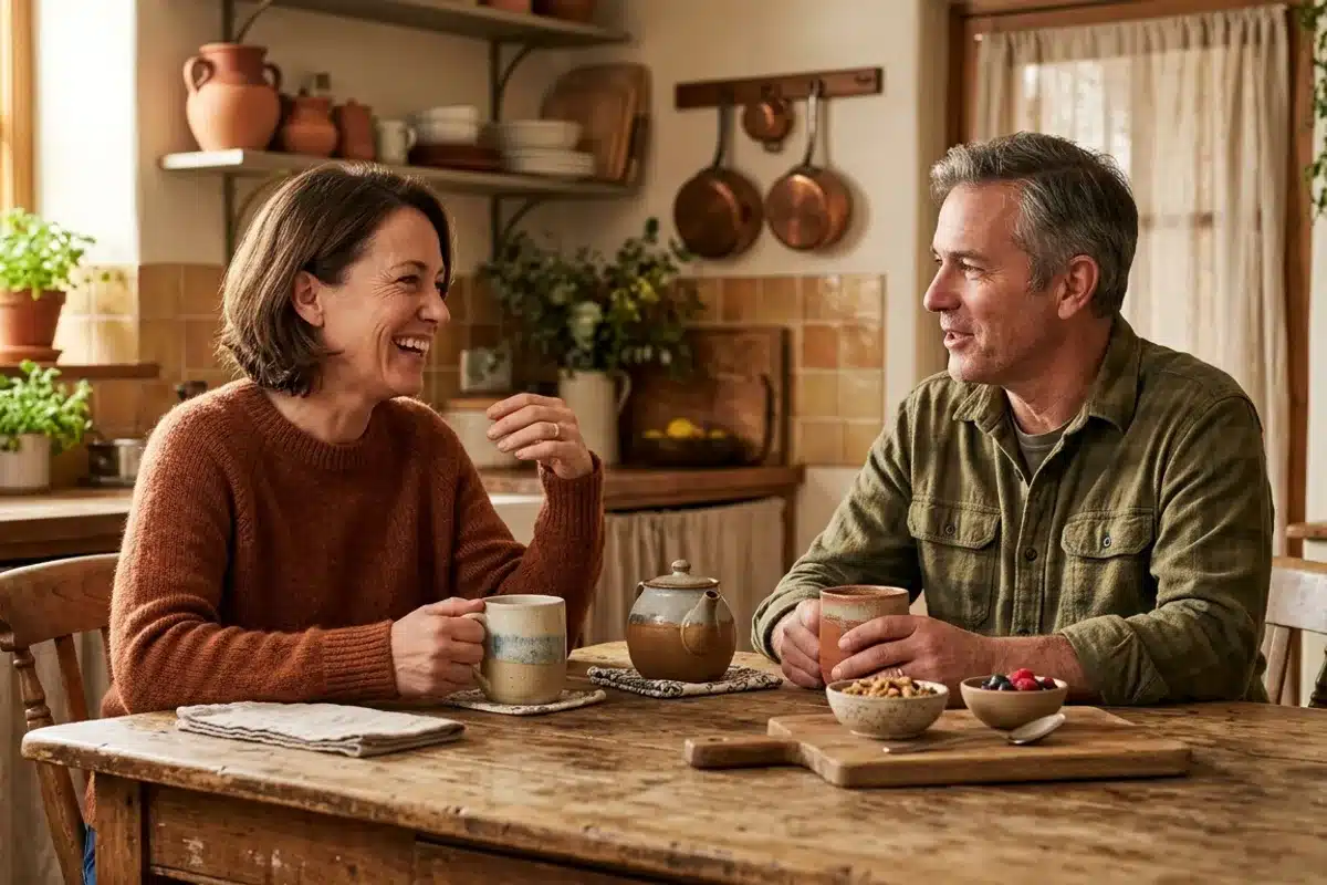 Couple en conversation détendue autour d'un café Deux personnes en discussion détendue autour d'une table en bois, tasses devant elles, ambiance chaleureuse