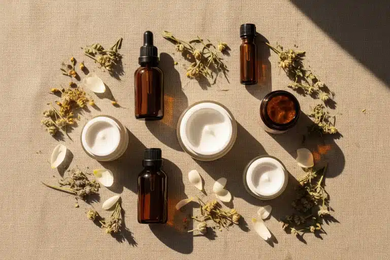 cosmétique naturel : flacons et crèmes bio en flat lay sur fond lin beige