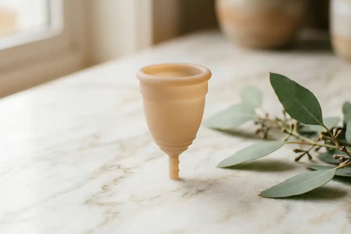 La coupe menstruelle Coupe menstruelle en silicone souple posée sur une surface claire