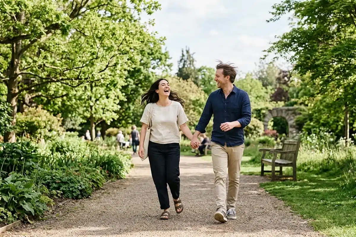Un couple complice en promenade dans un parc Un couple marche et rit ensemble sur une allée d'un parc verdoyant en pleine journée