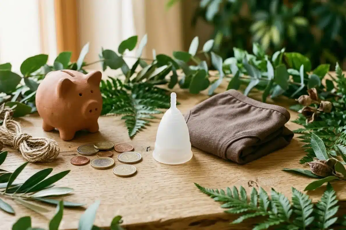 Coût et impact écologique des protections périodiques Coupe menstruelle et culotte réutilisables, tirelire et pièces entourées de feuillage