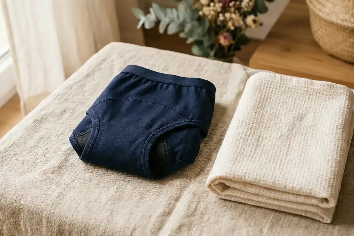 La culotte menstruelle Culotte menstruelle pliée à côté d'une serviette en tissu