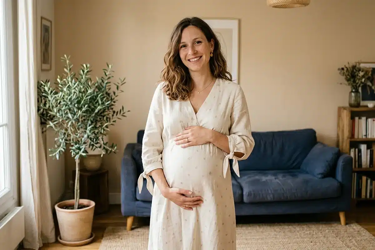 Deuxième trimestre de grossesse Femme enceinte souriante au deuxième trimestre, ventre arrondi, dans un salon lumineux