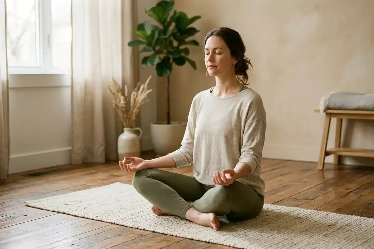 Exercice de gym hypopressive en position assise Femme pratiquant un exercice de gym hypopressive assise sur un tapis de yoga