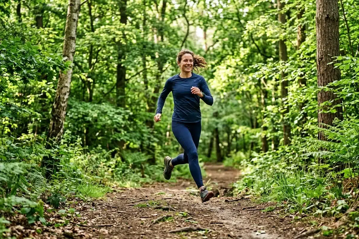 Femme courant sur un sentier en forêt Une femme court d'une foulée souple sur un sentier de forêt verdoyante