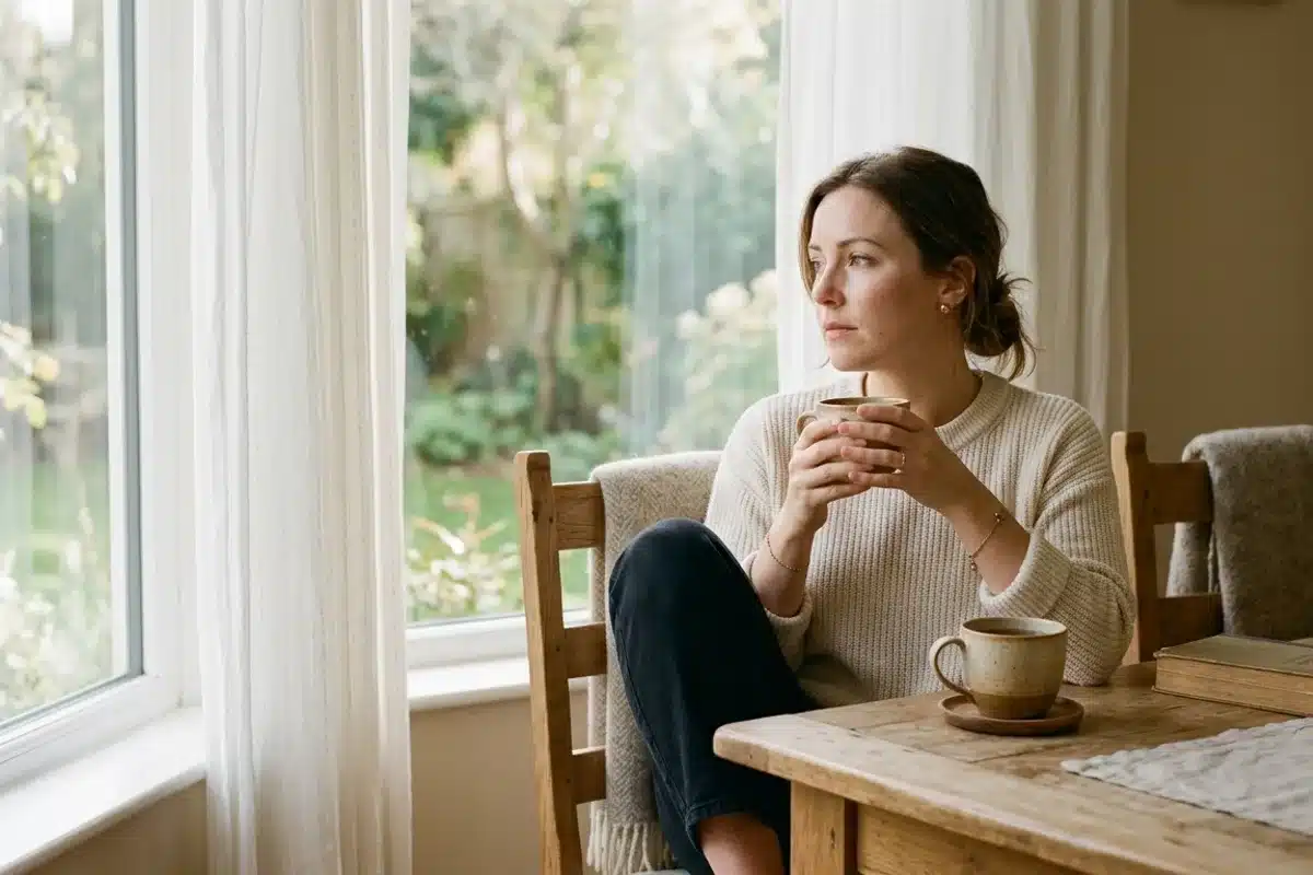 Femme pensive près d'une fenêtre Femme assise près d'une fenêtre, regard pensif, tasse de thé dans les mains, lumière naturelle douce